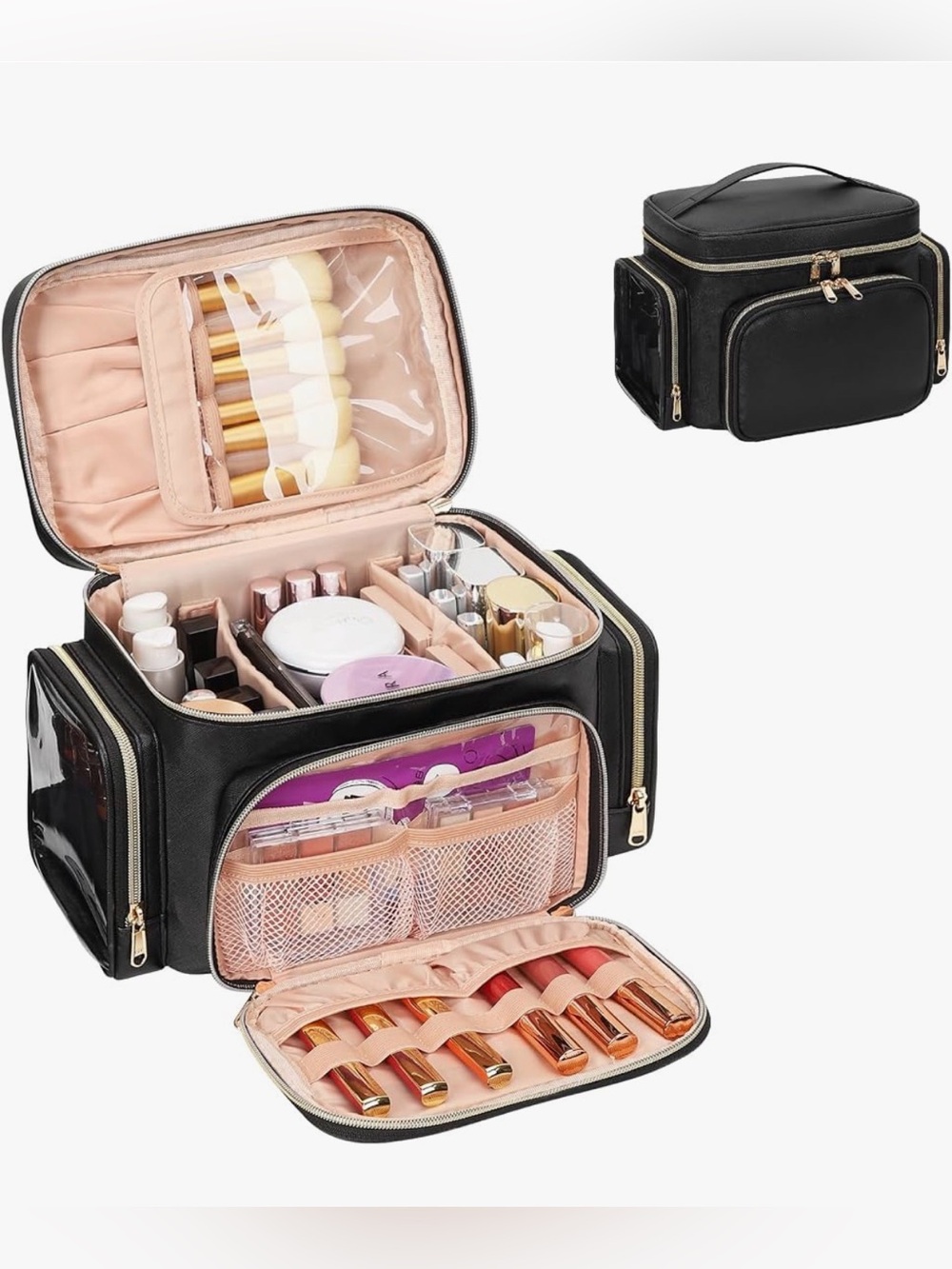 Portable Black and Rose Gold Makeup Organizer Cosmetic Case bag purse travel new